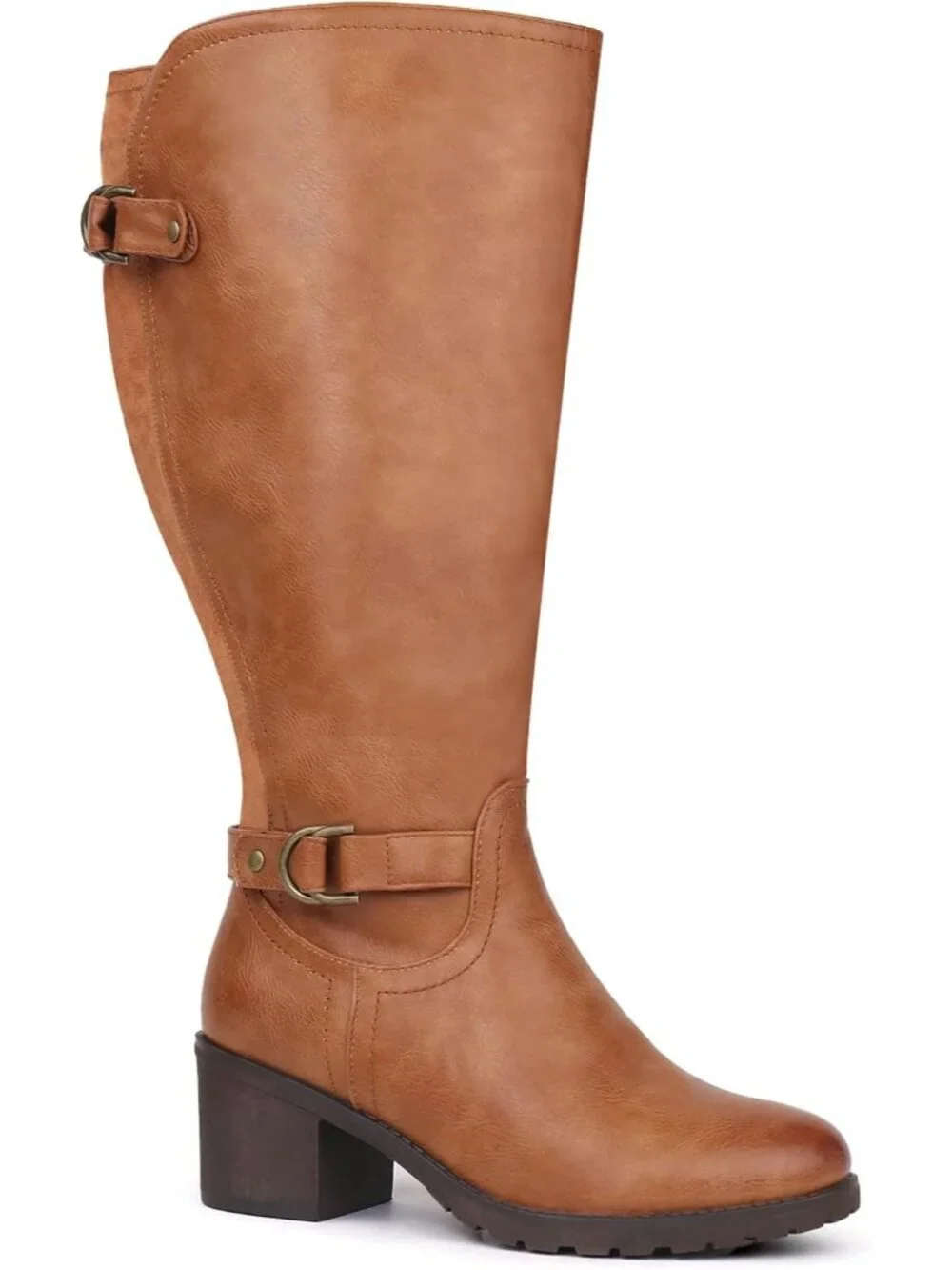 Women's Tan Wide Calf Block Heel and Decorated Double Buckle  Knee High Boots